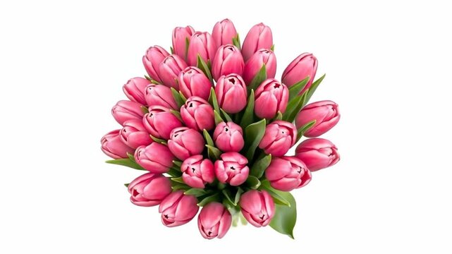 A bouquet of pink tulips arranged in a circular pattern with green leaves