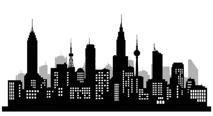 Obraz premium Silhouette of a sprawling city skyline with diverse skyscrapers at dusk