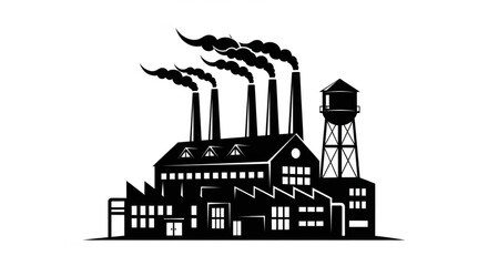 Fototapeta premium Graphic illustration of a factory with smoking chimneys and a water tower, representing industry and the production era