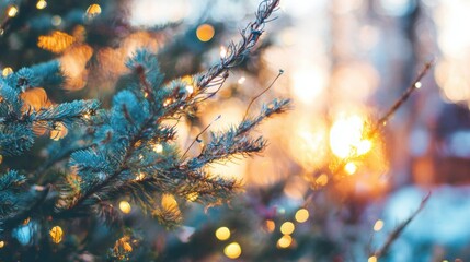 Beautiful sunset lights up Christmas tree branches and decorations in winter