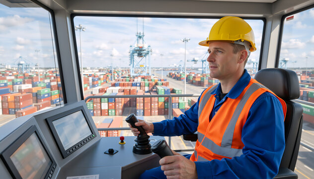 Port crane operator working in a control cabin overlooking a container terminal. Logistics professional managing shipping operations. Industrial worker in hard hat and safety vest