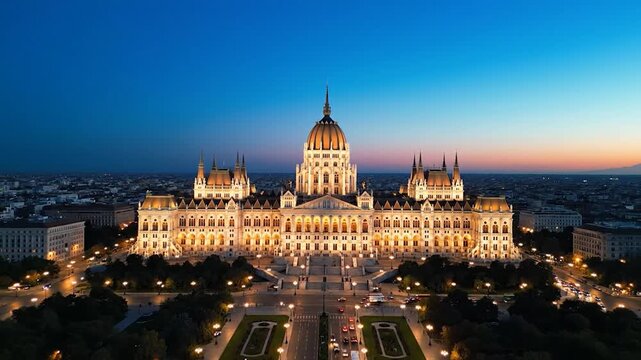 Grand illuminated building at dusk, with city lights and twilight sky