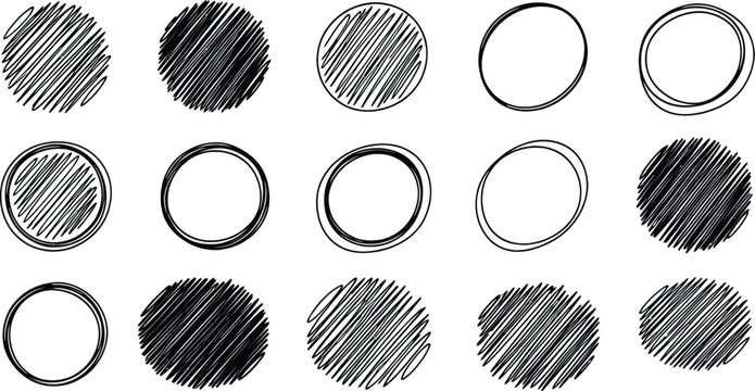 A collection of hand-drawn circles and ovals featuring various hatching patterns and empty outlines on a white background