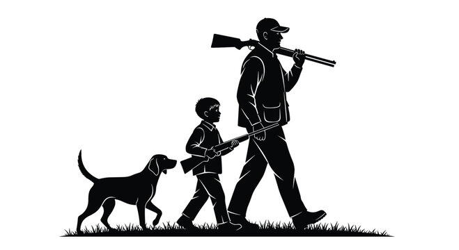 Vector Illustration of Hunter Father and Son with Hunting Dog for Outdoor Adventure Sports Wilderness Activity Family Bonding and Professional Graphic Design Projects