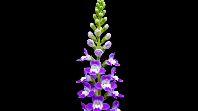 Close-up of a tall, slender flower with vibrant purple blooms against a black background