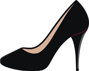 Black heel shoe with beige interior and red accent line on heel