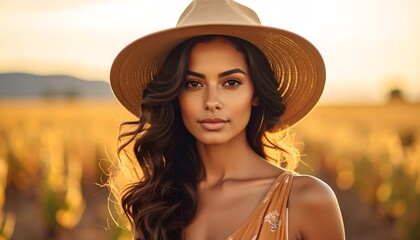 Woman with flowing brown hair and a tan hat stands in a golden field bathed in the warm glow of sunset