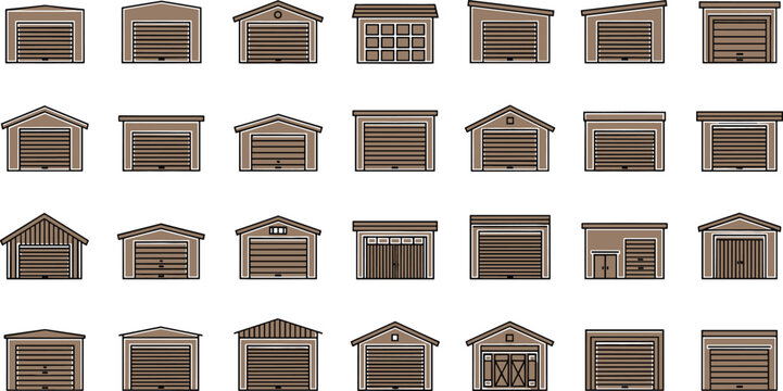 Set of brown garage and storage unit icons featuring various roof styles and rolling doors for real estate design