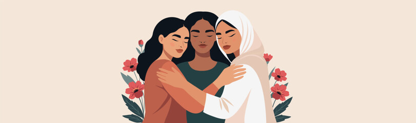 Vector banner with space for text for Women's Day, March 8. Women of different cultures and skin colors embrace each other surrounded by flowers. Movement for gender equality, women's empowerment