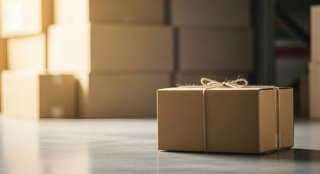 Cardboard box tied with string in warehouse for delivery and logistics