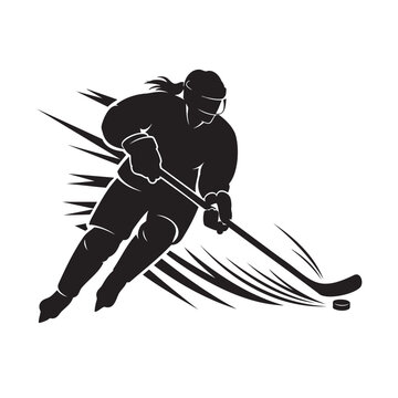 Female ice hockey player skating with stick and puck in action pose