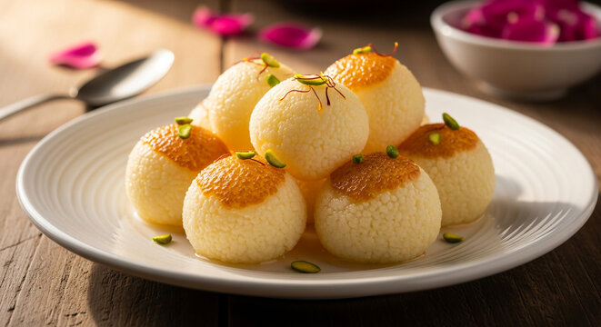 Delicious Bengali Rasgulla dessert, a sweet Indian delicacy made with chenna and semolina, soaked in sugar syrup, garnished with pistachios and rose petals