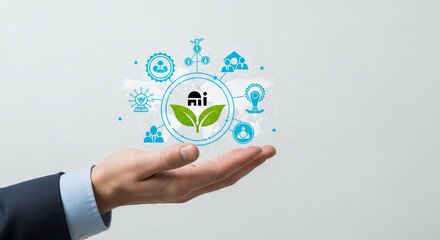 Businessman presenting eco friendly technology and sustainable growth concept with green leaf and icons on palm hand