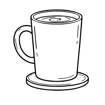 Hand drawn vector illustration of a hot coffee mug on a coaster. Black and white line art icon of a tea cup.