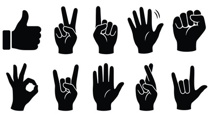 Hand gestures and signs in black silhouette on white background