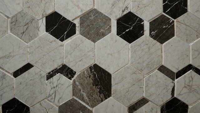 Artistic visualization of black and white marble hexagon tiles - Generative AI