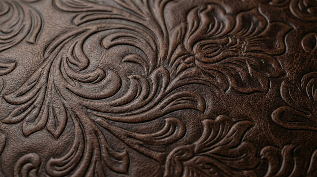 Abstract closeup of dark brown damask embossed leather texture background with vintage floral relief pattern representing luxury craftsmanship and antique upholstery