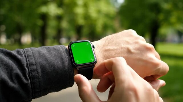 Smart Watch Green Screen on Wrist Close Up Outdoor &ndash; Fitness Tracker Mockup Background