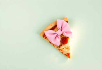 A slice of pizza adorned with a pink bow and pepperoni, viewed from above on a pastel green background, in a minimalist style