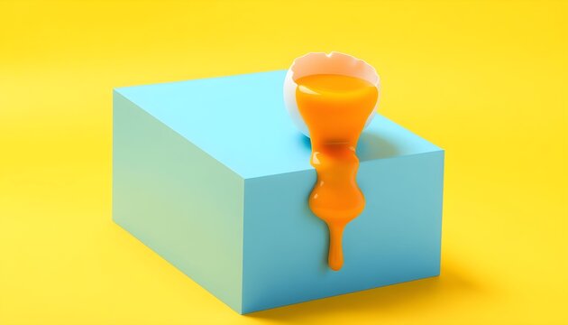 A 3D rendered orange hourglass on a blue cube against a vibrant yellow background viewed from a high angle