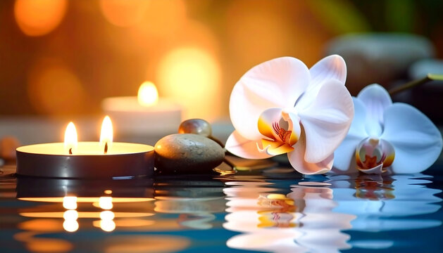There was a white orchid, a stone and candles that floated by the water. Warm evening light, garne bokeh and brightness. An atmosphere of relaxation, zen and spa treatments. Aesthetic photos for the w