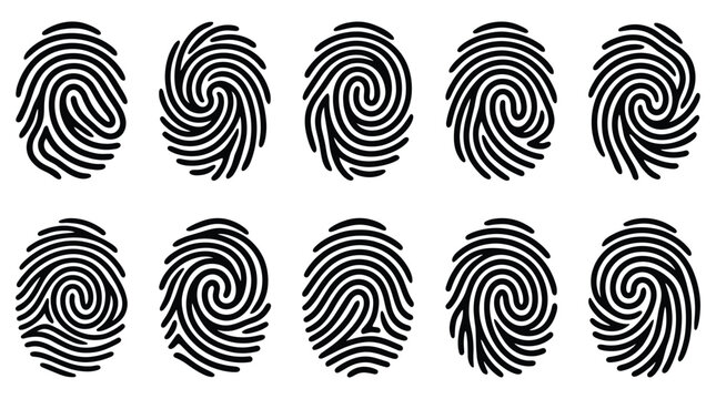 Collection of unique fingerprint patterns in black and white
