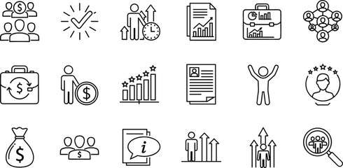 Detailed black-and-white vector icon set featuring 18 symbols for business growth, financial performance, leadership, and professional recruitment