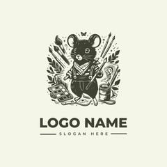 Naklejka premium A vintage engraving of a mouse holding a tool, surrounded by leaves and a pot, with a logo and slogan text on a beige background, in a woodcut illustration style.