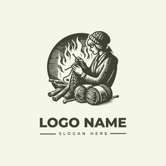 Fototapeta premium A vintage engraving of a person sitting by a campfire, warming their hands in a woodcut-style logo design with a simple background.