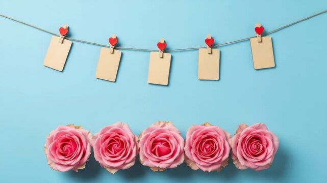String of blank cards with red flowers and pink roses below on a light blue background.