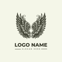Obraz premium A vintage-style woodcut illustration of a winged logo with intricate details on a cream background, featuring a placeholder name and slogan in a classic engraving style.