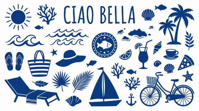 Blue silhouette beach and travel icon collage with CIAO BELLA logo, featuring sun, waves, palm trees, sailing boat, bicycle, shells, hat, sunglasses, lounge chairs, and vacation gear.