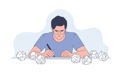 A man sits at a desk, surrounded by crumpled paper, intensely writing with a pen on a notepad.