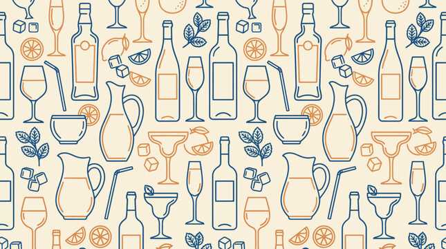 Seamless pattern of glass bottles, decanters and barware with botanical accents in blue and orange - decorative illustration for fabric, wallpaper, and packaging