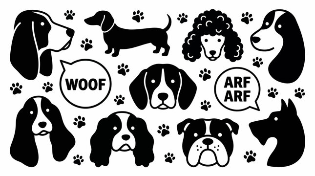 Playful collection of illustrated dog silhouettes and barking dogs featuring multiple breeds in a cartoon collage.