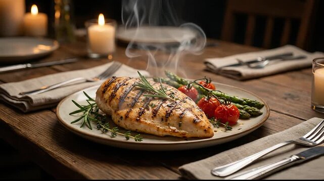 Warm, moody close-up of a steaming healthy grilled chicken meal.