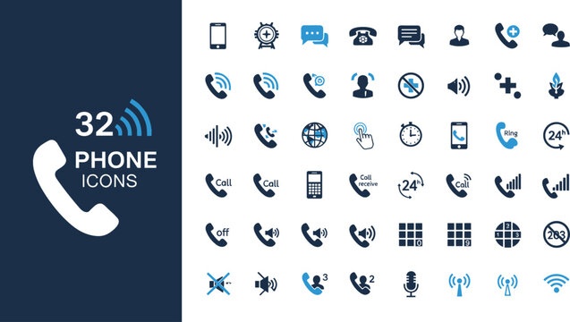 Comprehensive dual-tone vector set featuring 32 phone icons including mobile devices, call-center symbols, and signal strength indicators