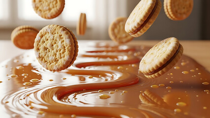 Chocolate sandwich cookies floating in caramel sauce with ripples and splashes.
