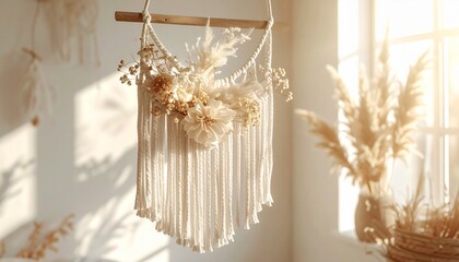 Fototapeta premium Handcrafted macrame wall decor with dried floral arrangements bathed in warm golden sunlight, creating a serene and bohemian ambiance in a sunlit room