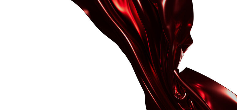 An artistic image of flowing red fabric, with a high gloss finish, against a bright white background. Evokes luxury and