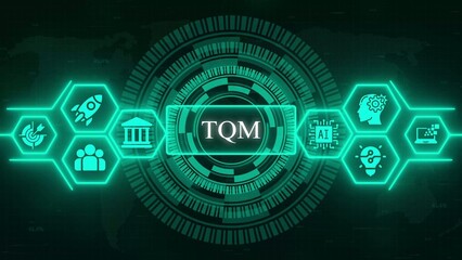 Obraz premium Digital with T Q M central text surrounded by hexagonal and circular patterns in green and black