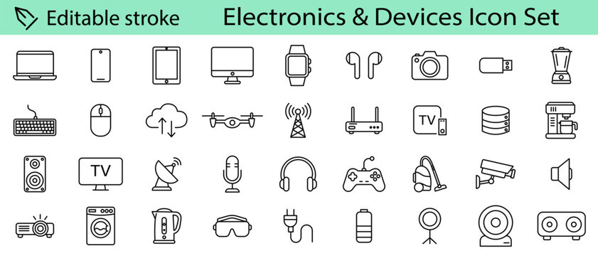 Electronic devices linear icon set Editable stroke . Smart devices, electronics, gadgets, technology, computer, tech, smartphone, tablet, TV, camera, speaker, laptop, vector icon set. UI thin line ico