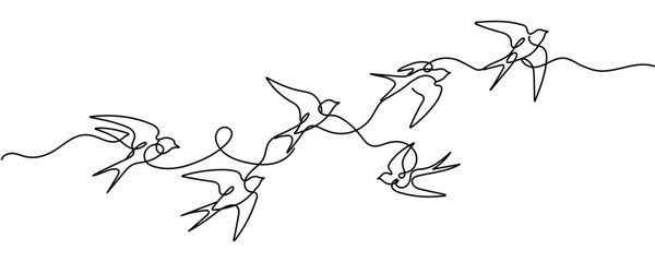 Naklejka premium Continuous one line drawing of flying swallows bird. Simple barn swallow outline vector illustration. Editable stroke