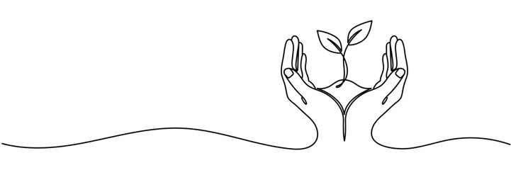 Obraz premium Hands hold sprout continuous line drawing. Plant in human arm one line art. Vector illustration isolated on white, Sprout in Hands Continuous Line Icon, Single continuous line of hands holding. Editab