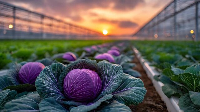Purple cabbages growing in a greenhouse at sunrise with lush green leaves and vibrant colors viewed from a close-up perspective.