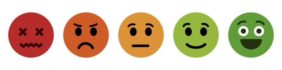 Feedback emoji icons vector. good and bad emoticon signs - Happy and Sad reaction. 5 Color faces, Smiley rating icon set , happy, neutral, sad, emojis. Vector illustration