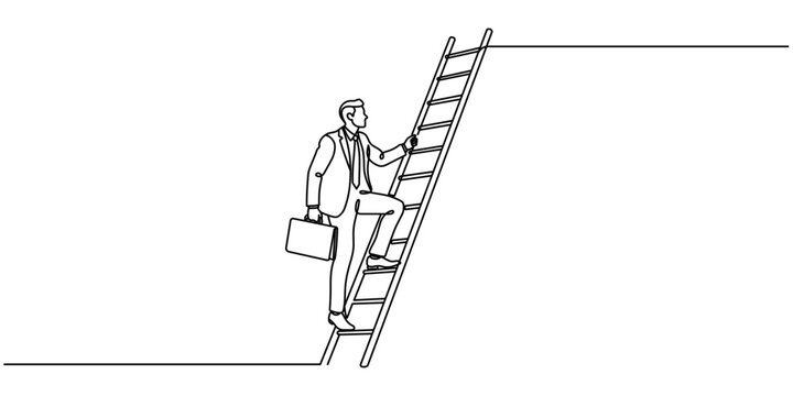 A continuous line drawing of a businessman in a suit climbing the number one marketing ladder aimed at making money. Vector illustration in the style of a financial concept. Editable stroke