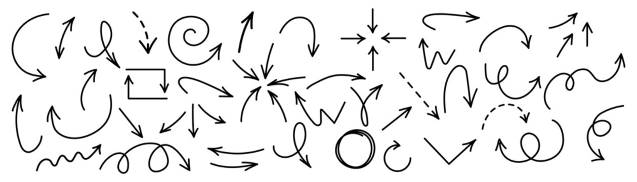 Set of simple lines hand drawn black arrows in various style. Set of simple of hand drawn black arrows. Editable stroke