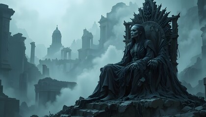 Obraz premium Masterpiece. Best quality. Attention grabbing. ultra detailed. A haunting image of a lone, skeletal queen draped in tattered royal robes, contemplating her lost kingdom from a crumbling obsidia