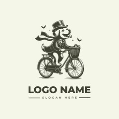 Obraz premium Vintage engraving of a dog wearing a top hat and suit riding a bicycle with a basket against a clean white background.